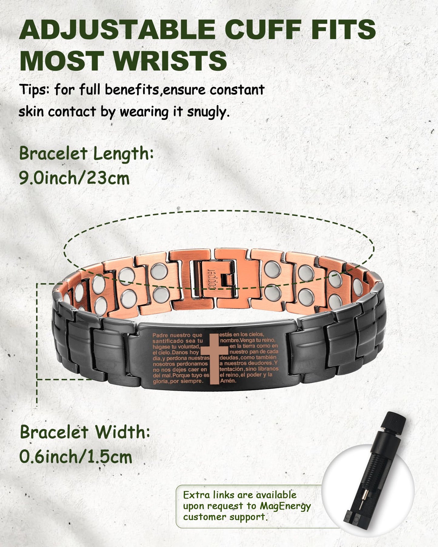MagEnergy Copper Bracelet for Men, 99.99% Cross Copper Magnetic Bracelet with Strength 3500 Gauss Magnets, Pulsera de Cobre para Hombres, Jewelry Gift for Him