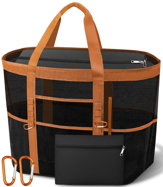 Yeendibo Chic & Spacious XX-Large Beach Bag for Women — 2026 Mesh × Canvas Tote with Top Zipper, 11 Pockets, Detachable Pouch, Foldable, 2 Carabiners