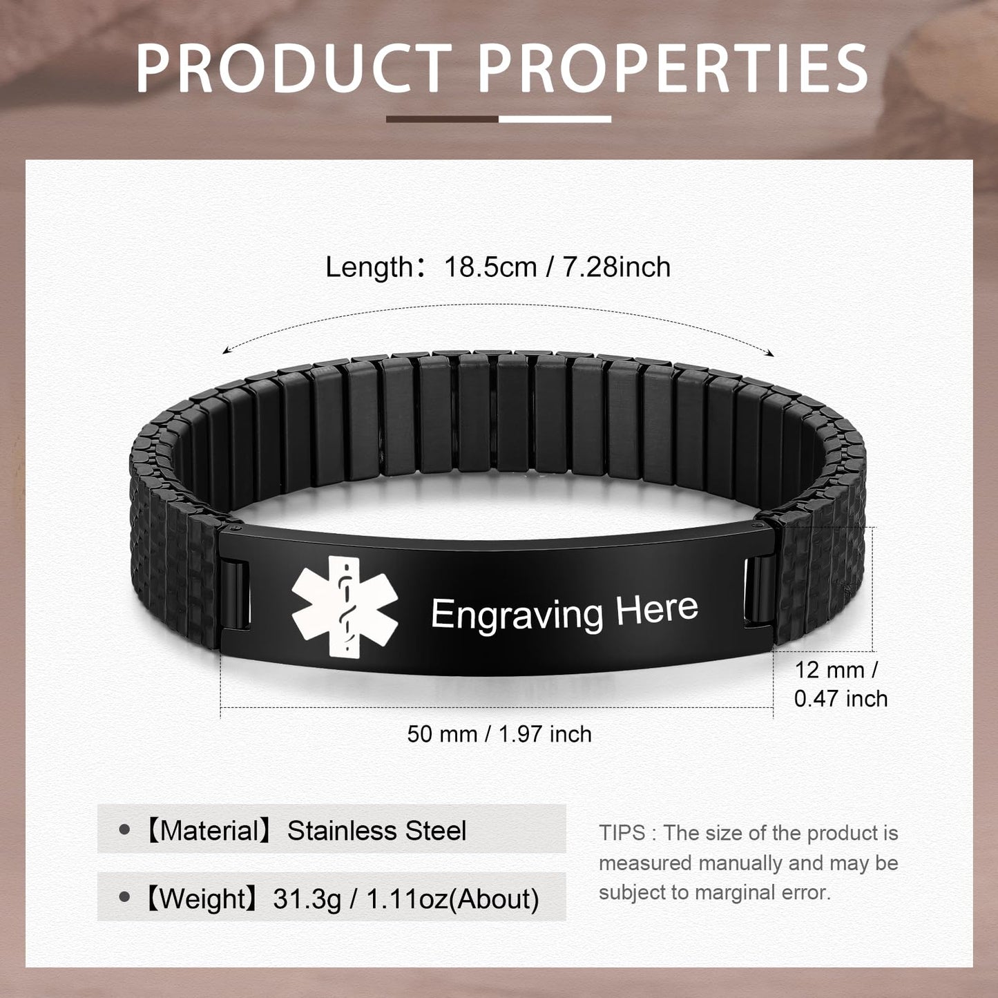 Bijouweled Medical Alert Bracelet for Women Men 7.5 to 9.8 Inches Emergency ID Bracelets Free Engraving Personalized Medic Alert Bracelet for Adult (Black 7.3inch stretchable)