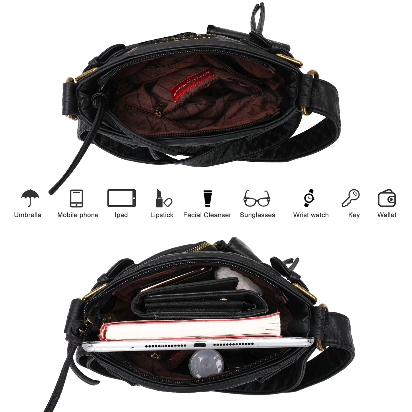 Montana West Crossbody Bag for Women Soft Leather Multi Pocket Shoulder Bags Vintage Women's Purses and Handbags Black Gift MWC-046BK