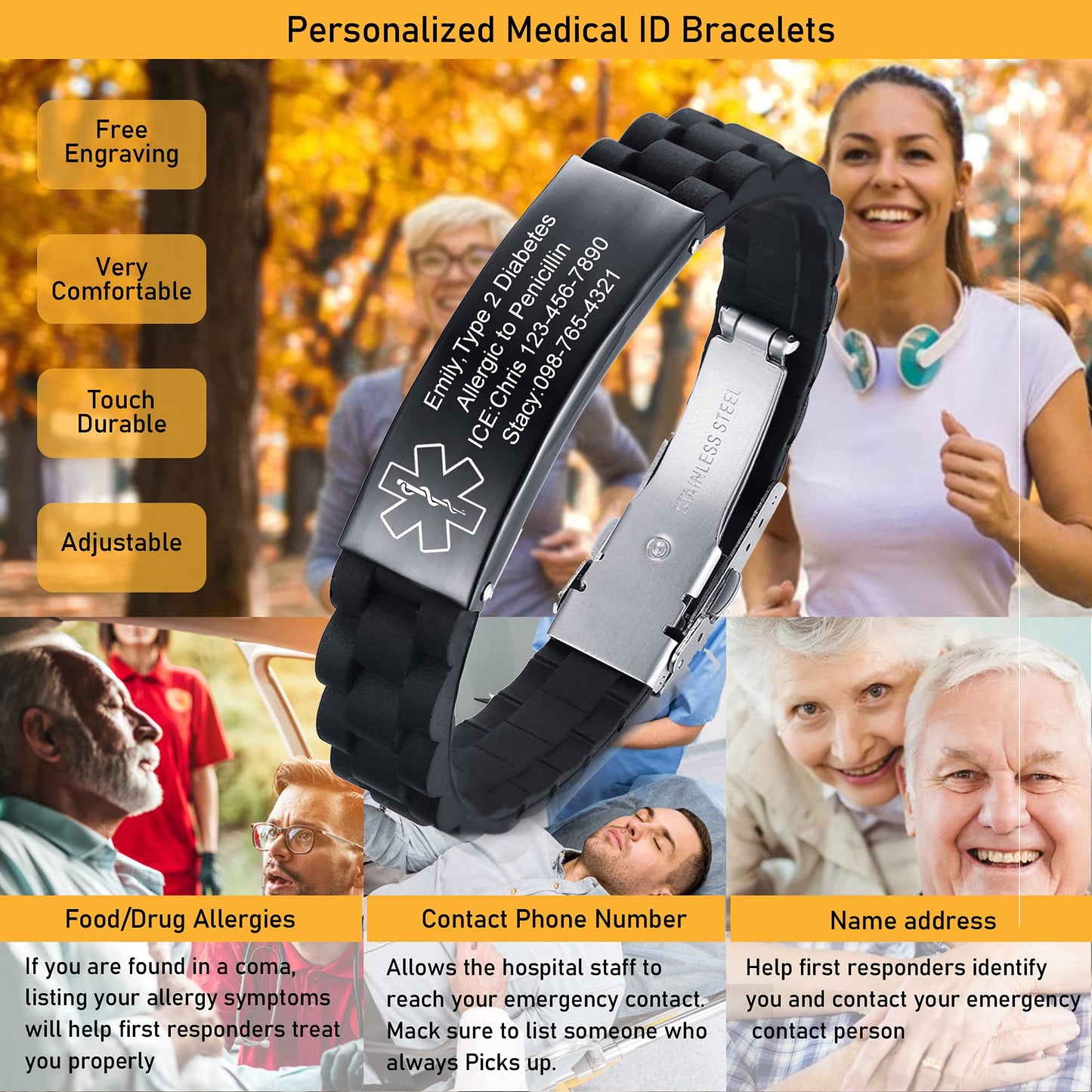 VNOX Medical Alert Bracelets for Men Women Engraving Adjustable Silicone Emergency Medical ID Bracelets