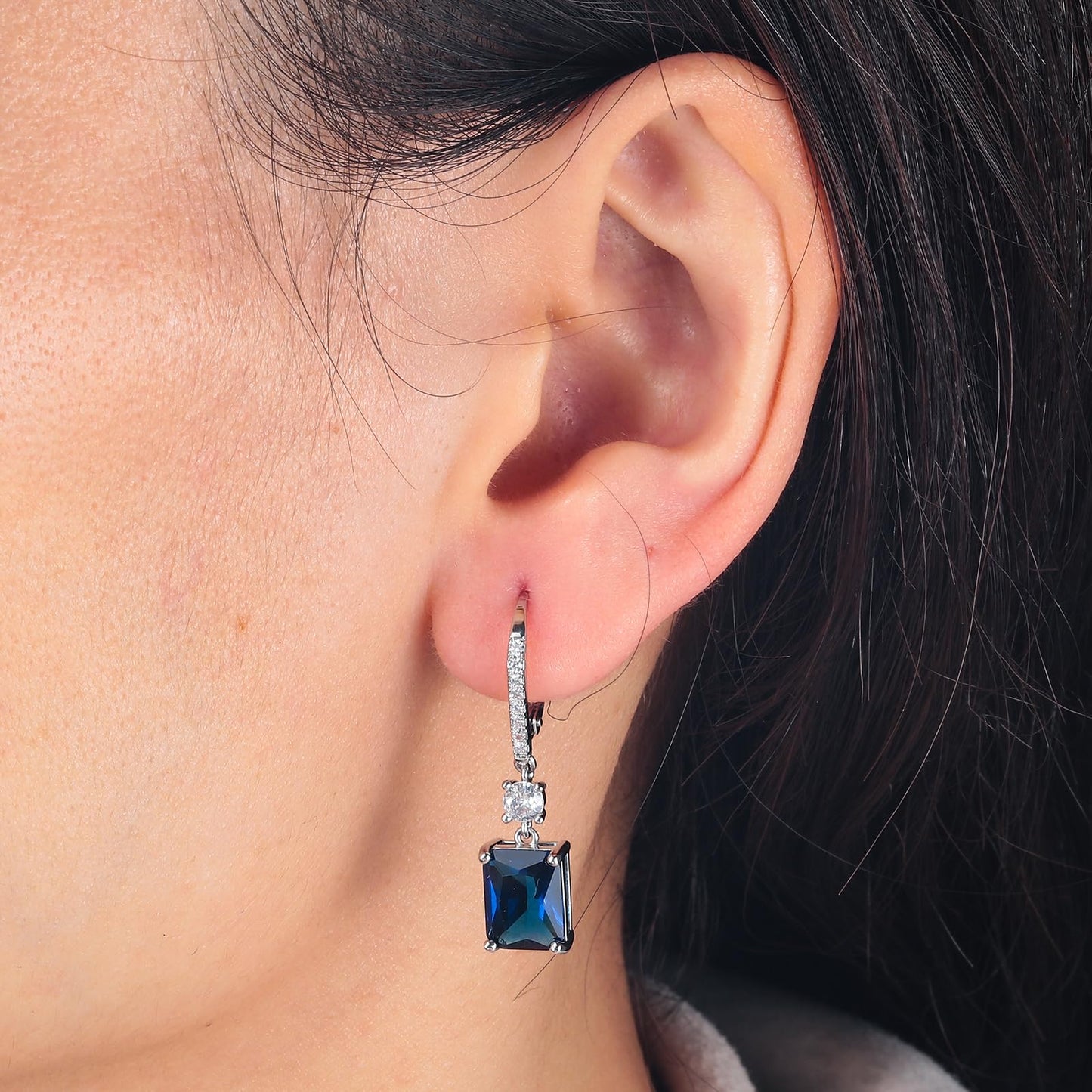 CiNily Leverback Earrings for Women Rectangular-cut Drop Dangle Earrings Hypoallergenic, 14K White Gold Plated Navy Blue Cubic Zircon Earrings Diamond Dangle Earrings Jewelry for Sensitive Ear