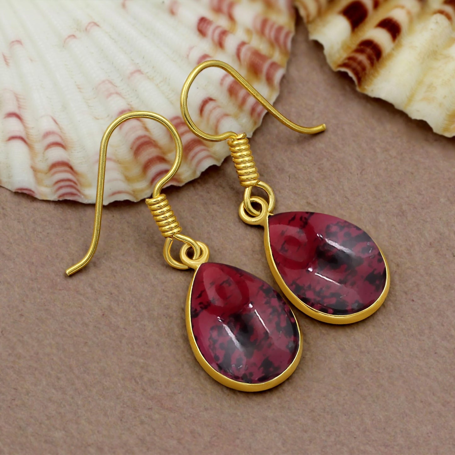 Natural Garnet 14K Yellow Gold Plated Dangle Earrings for Women - January Birthstone Red Gemstone Vintage Style Handmade Jewelry Earrings - Mother's Day Gifts for Her