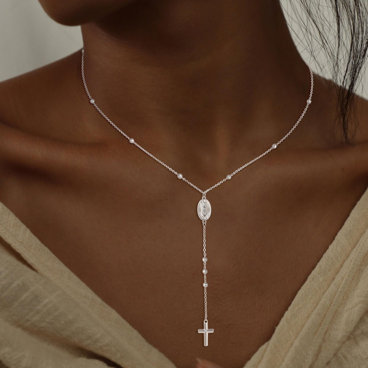 CHESKY Sliver Plated Lariat Necklace Long Y Necklace for Women Rosary Cross Drop Pendant Bead Trendy Christian Jewelry