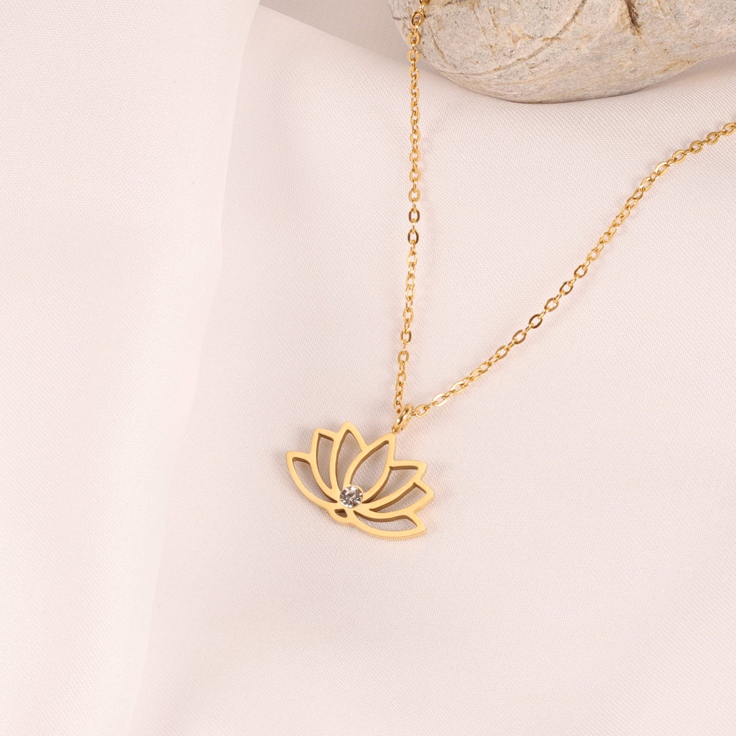 VRIUA Lotus Flower Necklace for Women 14k Plated Tiny Diamond Lotus Pendant Dainty Necklace Minimalist Simple Jewelry