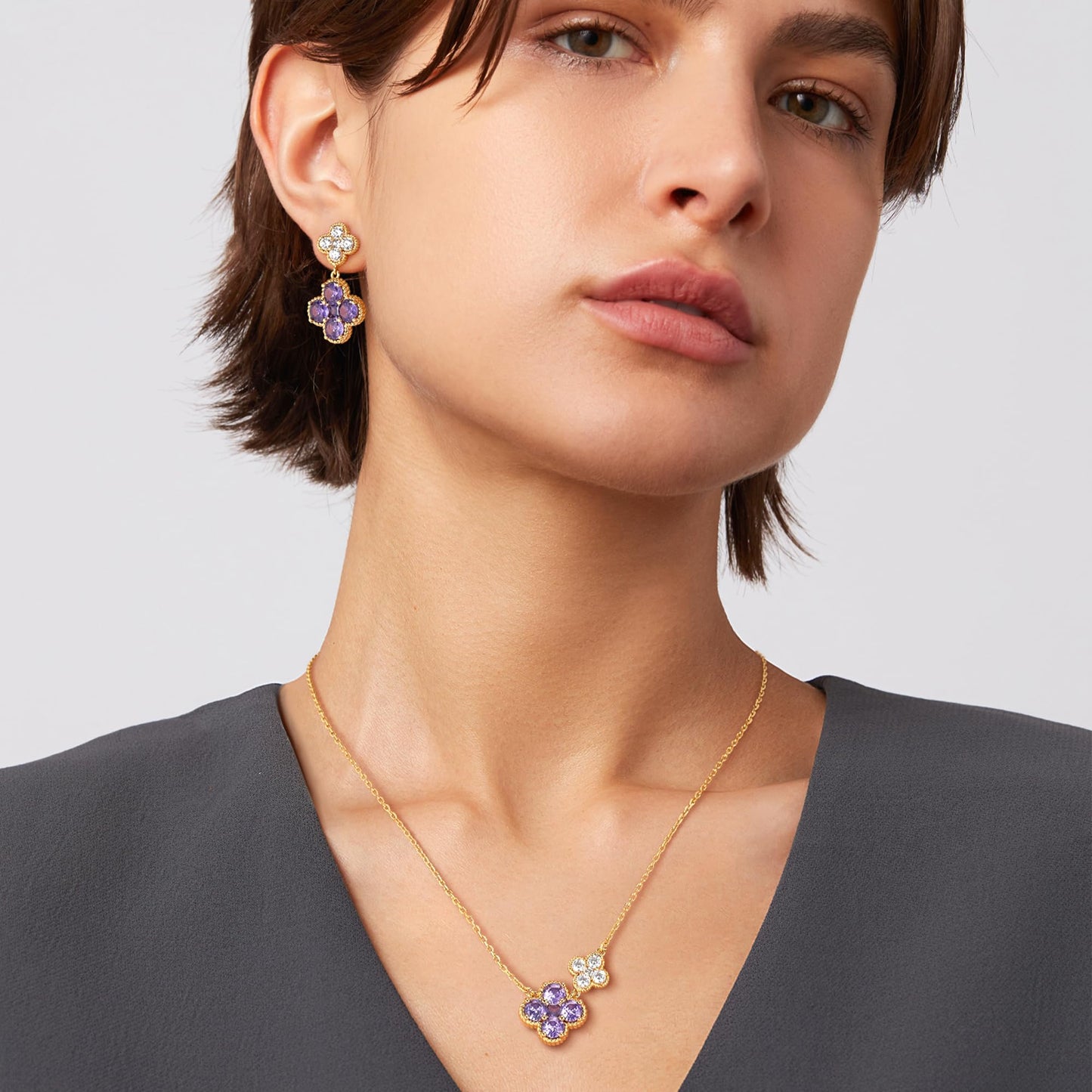 MTMY Dangle Earrings for Women 14K Gold Plated Four Leaf Clover Dangling Drop Birthstone Stud Earrings Trendy Flower Birthstone Jewelry Birthday Gifts(February)