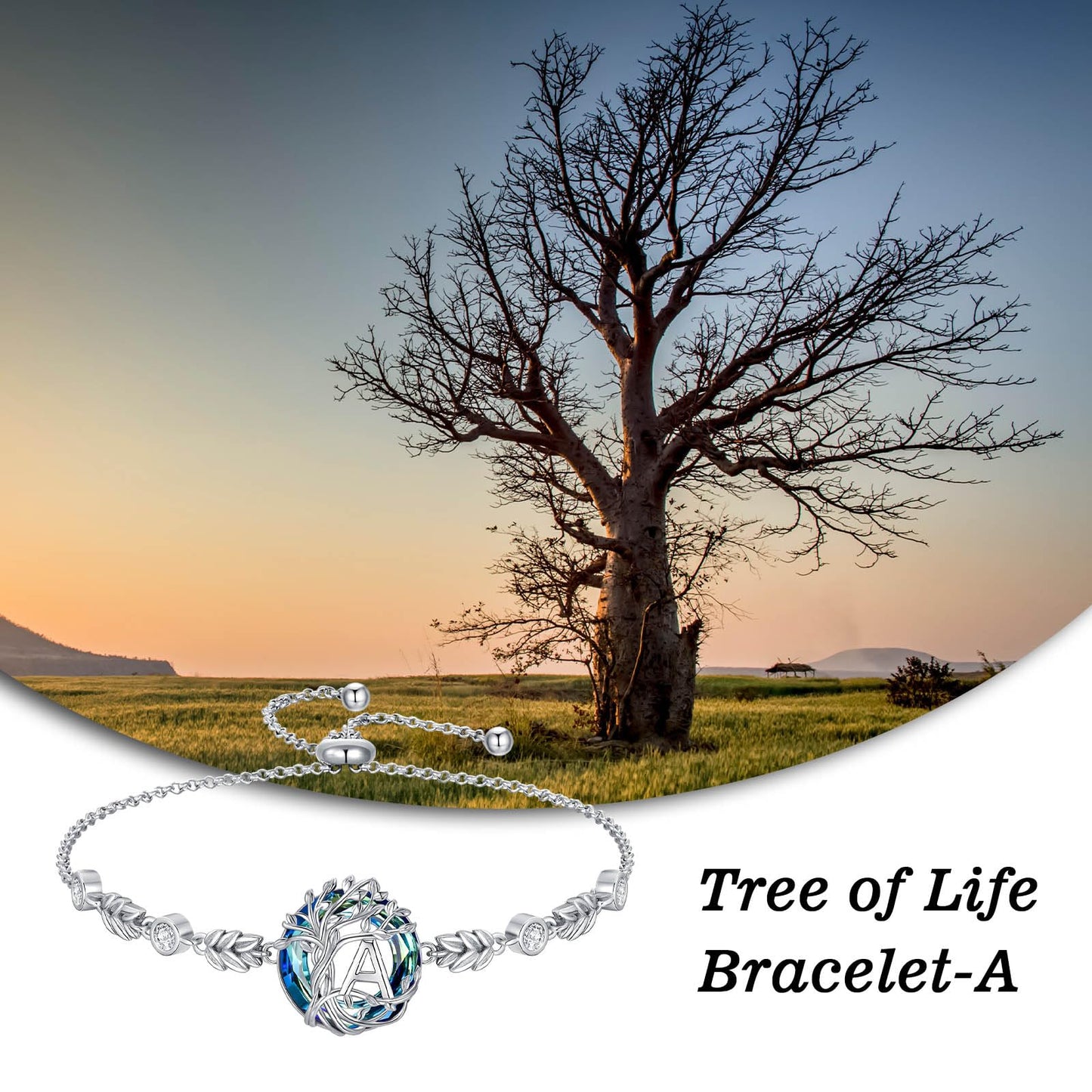 TOUPOP Tree of Life Initial Bracelet Sterling Silver Initials A Letter Link Bracelets Blue Circle Crystal Family Tree Birthday Mothers Day Jewelry Gifts for Women Mom Wife