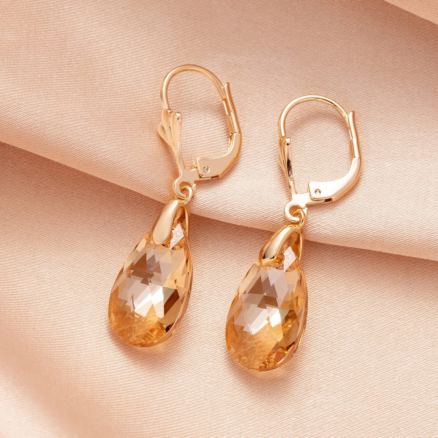 Austrian Crystal Teardrop Leverback Dangle Earrings for Women Fashion 14K Gold Plated Hypoallergenic Jewelry (Topaz)