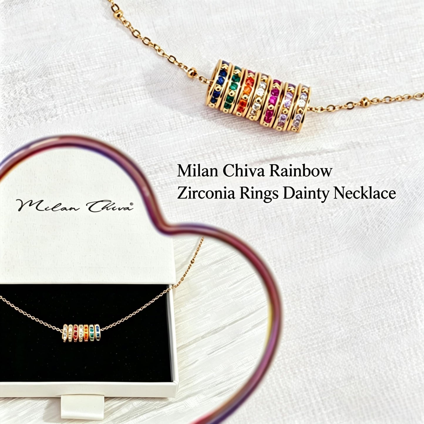 Milan Chiva Womens Circle Pendant Gold Necklace 14K Dainty Charm Rainbow Ring Chain Jewelry MNS-1029GD