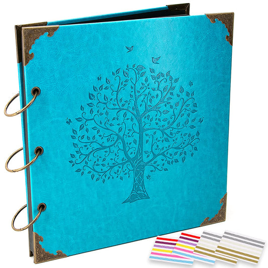 ADVcer Photo Album DIY Scrapbook, 10x10 inch 50 Pages Vintage Leather Cover Three-Ring Binder Picture Booth Albums + 9 Colors 408pcs Self Adhesive Photos Corners for Memory Keep (Family Tree, Cyan)