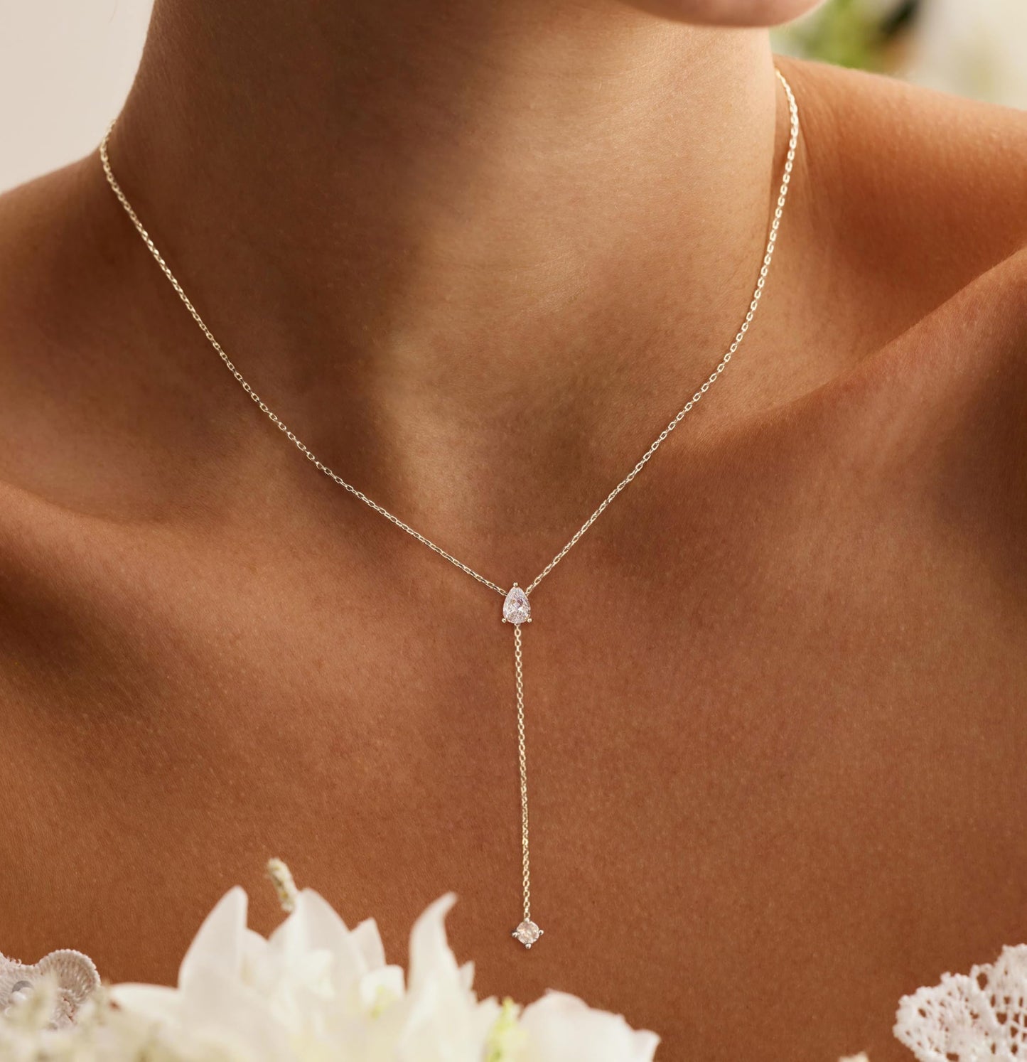 FUCJOEE Silver Necklace for Women - Dainty Long Silver Necklace Simple Teardrop CZ Y Shaped Drop Necklaces Statement Lariat Necklace Cute Long Necklaces for Women Trendy Silver Prom Jewelry Gifts