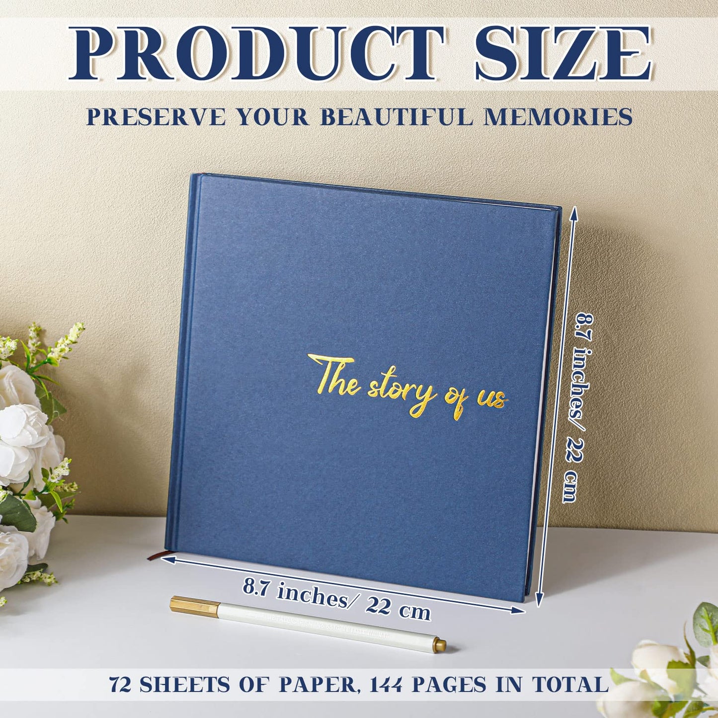 Colarr Hardcover Couples Scrapbook 144 Pages 8.7 x 8.7" Wedding Couples Photo Album Scrapbook Journal for 1 Year Wedding Memory Anniversary Photo Book Gift with 2 Markers(Navy Blue,the Story of Us)