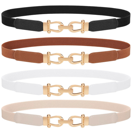 TRIWORKS 4 Pack Skinny Elastic Belts for Women Gold Buckle Thin Stretchy Waist Belts for Dresses
