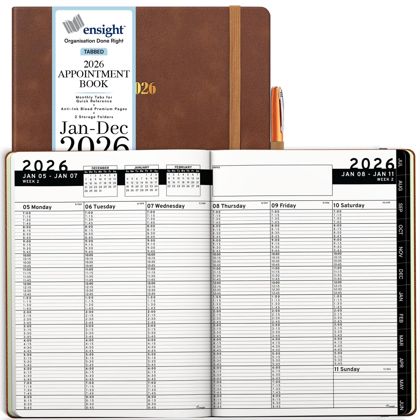 Ensight 2026 Hardcover Appointment Book & Planner 8.5" x 11" inches Large Tabbed Daily Hourly Weekly Planner Schedule Book 15 Minute time Slots Business & Personal Planner Jan 2026 Dec 2026 Brown