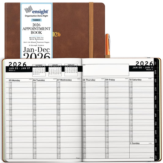 Ensight 2026 Hardcover Appointment Book & Planner 8.5" x 11" inches Large Tabbed Daily Hourly Weekly Planner Schedule Book 15 Minute time Slots Business & Personal Planner Jan 2026 Dec 2026 Brown