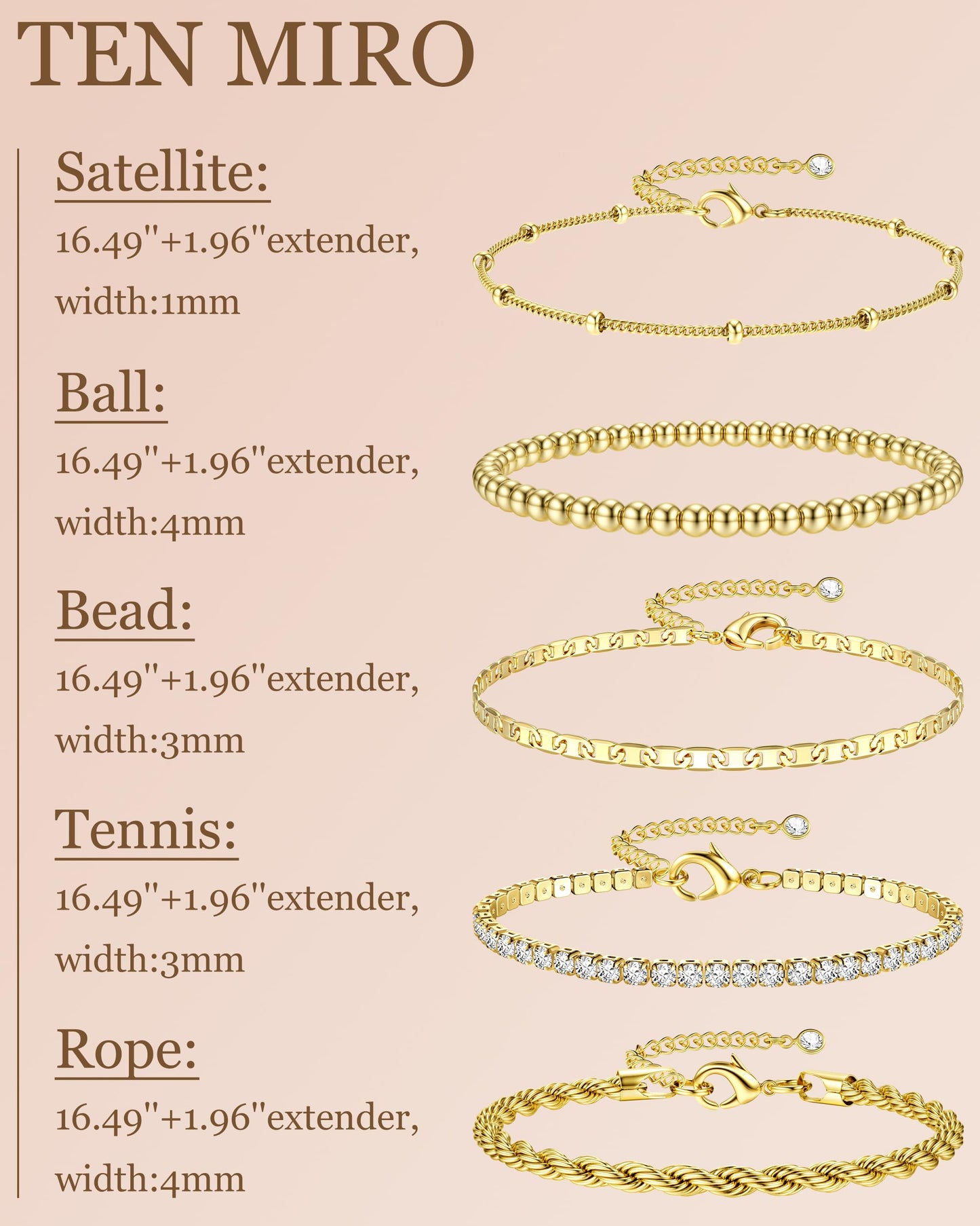 TEN MIRO 16k Chunky Gold Plated Bracelets for Women Non Tarnish,Womens Gold Plated Bracelet Stack Layered Chunky Chain Bracelets Waterproof Link Bracelets Rope Tennis Satellite Bead Ball Bracelet Jewelry Gifts for Womens