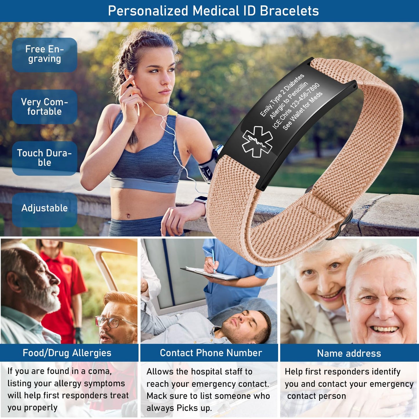 VNOX Medical Alert Bracelets for Men & Women with Free Engraving Adjustable Stainless Steel Mesh Emergency Medical ID Bracelets Wristband