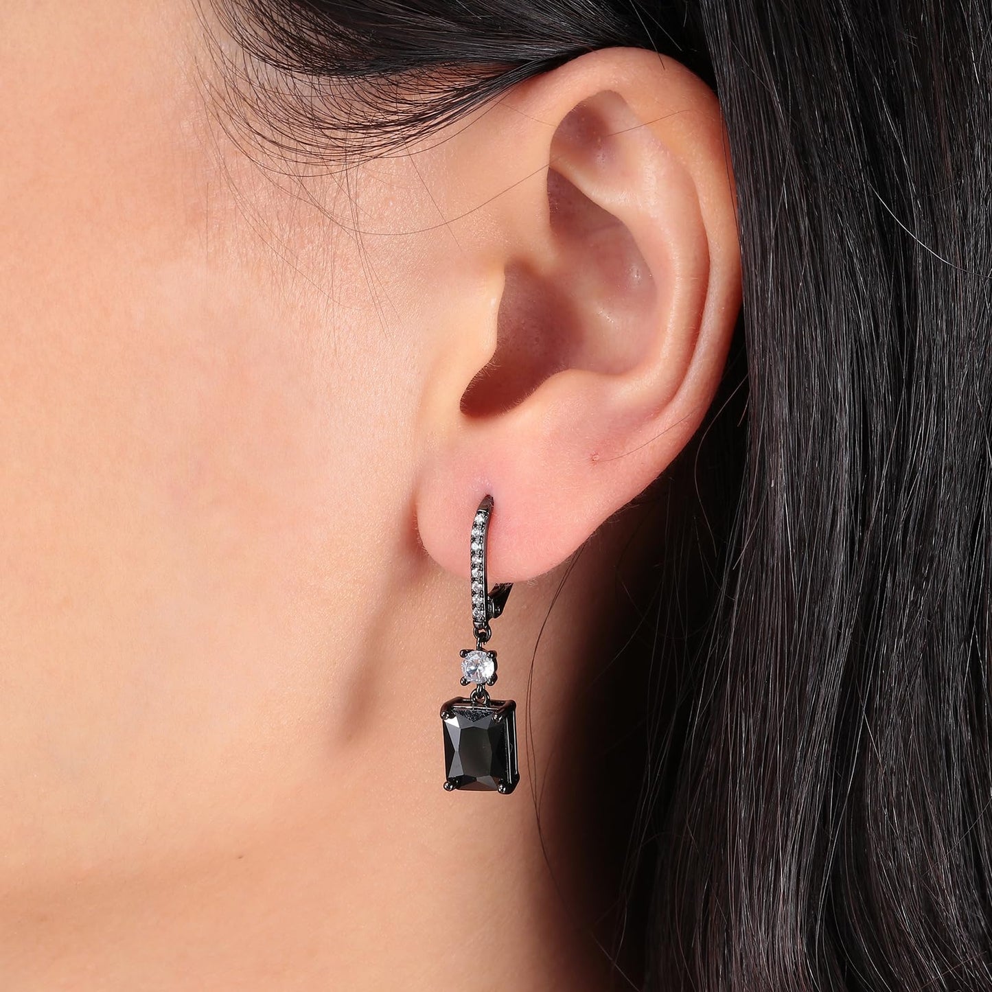 CiNily Leverback Earrings for Women Rectangular-cut Drop Dangle Earring Hypoallergenic, 14K Black Gold Plated Black Cubic Zircon Earrings Diamond Dangle Ear Rings Jewelry Birthday