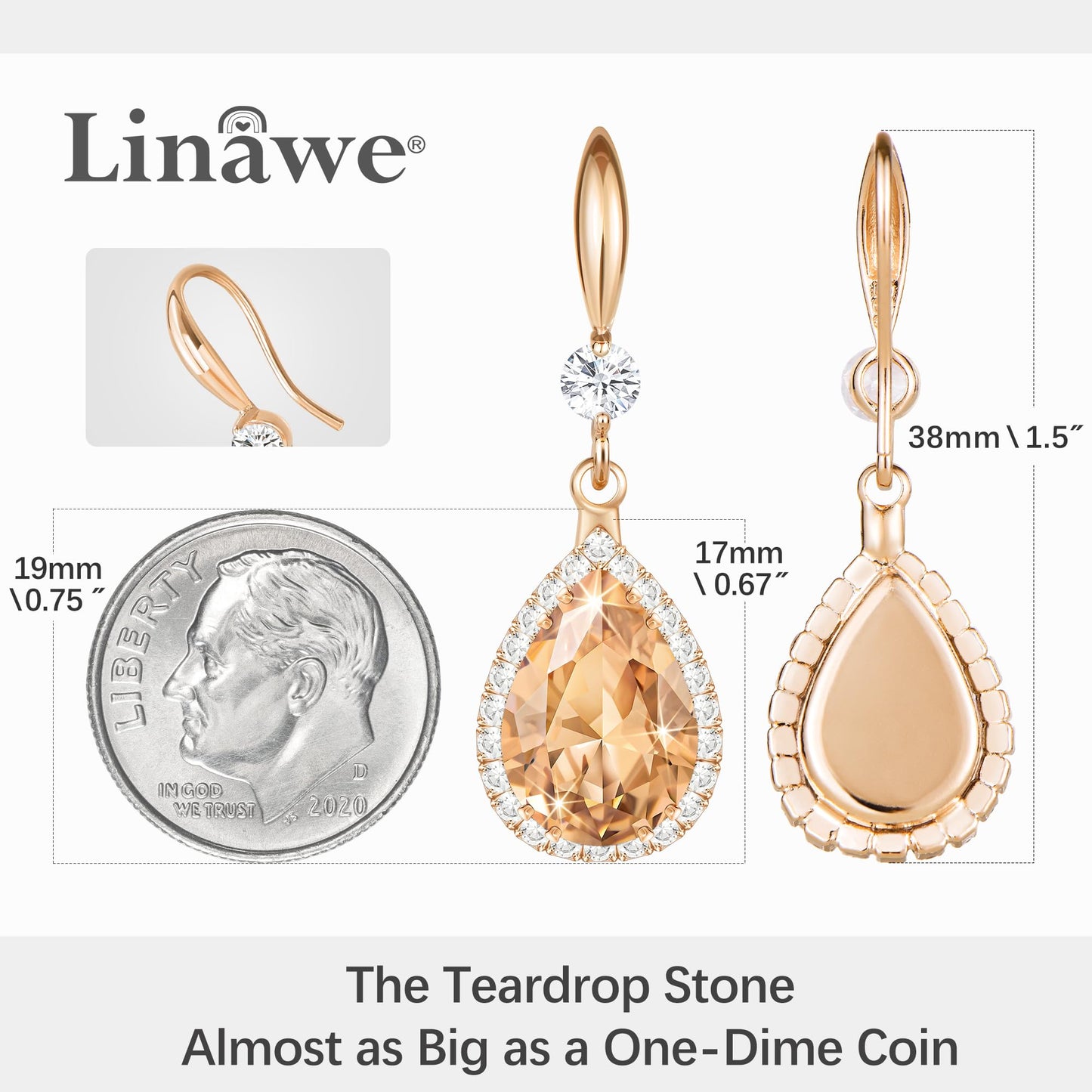 Linawe Rose Gold Color Dangly Earrings, Champagne Cubic Zirconia Drop earrings for Women Trendy, Birthstone Pear Shaped Fall Formal Earrings for Evening Wear