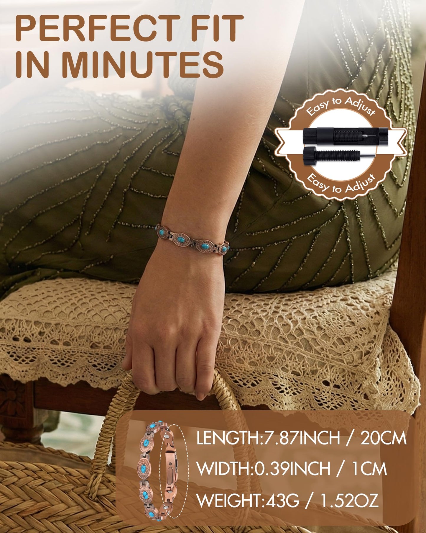 Feraco 99.99% Pure Copper Bracelets for Women, Ultra Strength Magnetic Bracelet with 3800 Gauss Magnets & Natural Turquois, Adjustable Jewelry Gift
