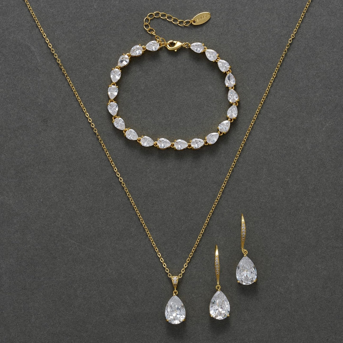 SWEETV Gold Bridal Jewelry Set for Wedding, Cubic Zirconia Crystal Wedding Jewelry Set for Bride Bridesmaid, Crystal Teardrop Pendants Earrings Necklace Bracelet Set for Prom