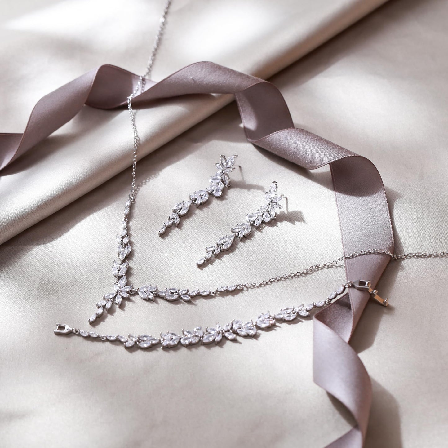 EVER FAITH Cubic Zirconia Wedding Jewelry for Bride Bridesmaid, Elegant Marquise Leaf Flower Bridal Prom Necklace Dangle Earrings Bracelet Set for Women Clear