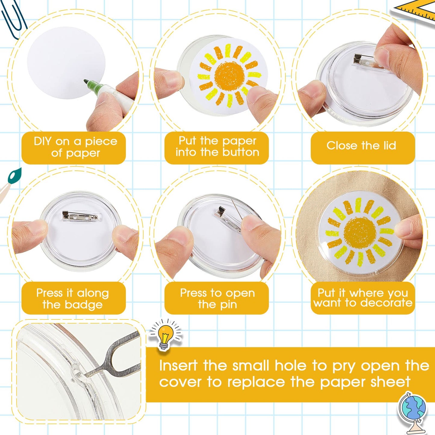 XunYee 25set/80pcs Clear Button Pins Kit 3 Inch, DIY Button Maker Badges with Blank Inserts & Removal Tool, No Press Machine Needed, Craft Pins for Independence Day, Soccer Party Favors