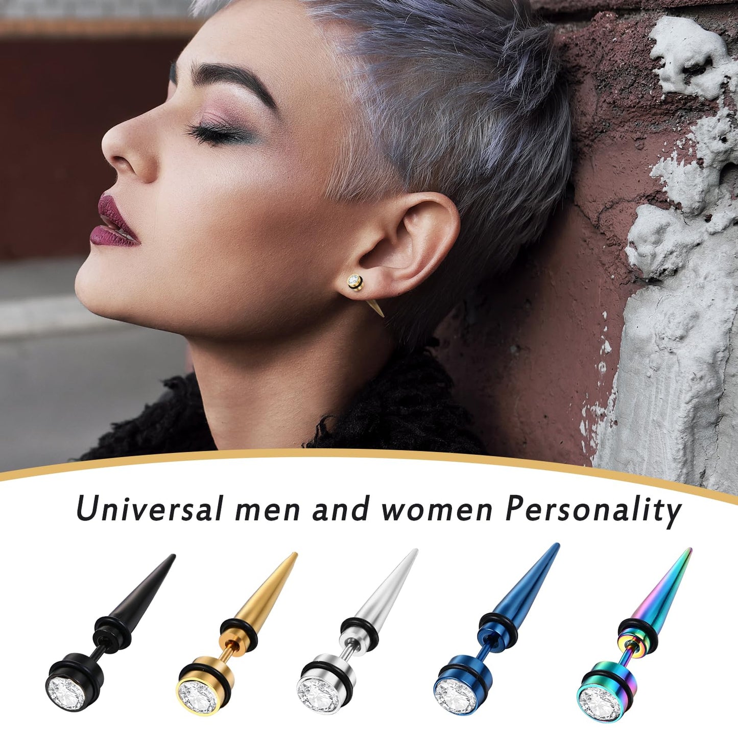 Aroncent 5PCS Spiked Stud Earrings for Men, Fake Gauge Fake Earrings Stainless Steel Spike Faux Taper Stud Earrings for Men Women Fashion Jewelry Piercing