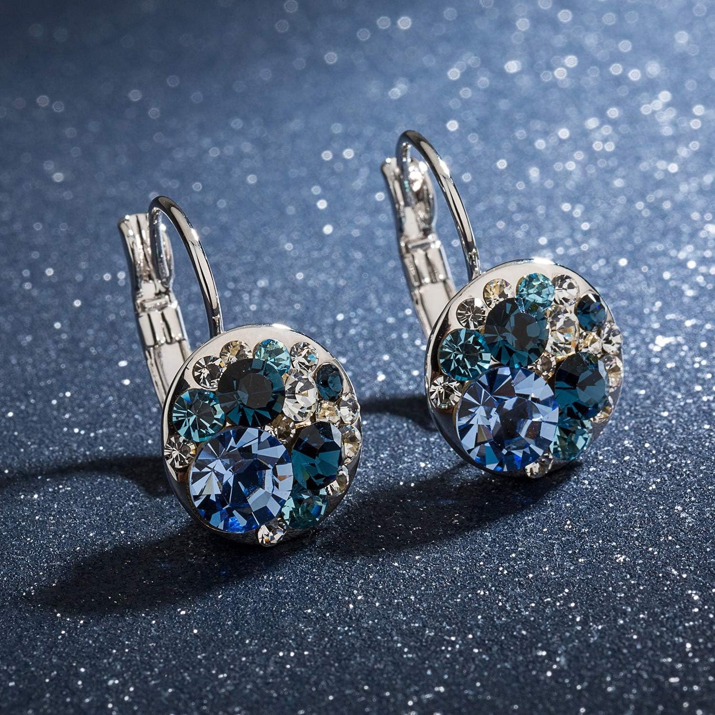 Multicolored Austrian Crystal Earrings for Women 14K Gold Plated Leverback Dangle Hoop Earrings (Blue Main Crystal/Silver-tone)
