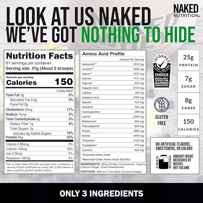 NAKED Strawberry Whey Protein - All Natural Grass Fed Whey Protein Powder + Dried Strawberries + Coconut Sugar- 5lb Bulk, GMO-Free, Soy Free, Gluten Free. Aid Muscle Growth & Recovery - 61 Servings