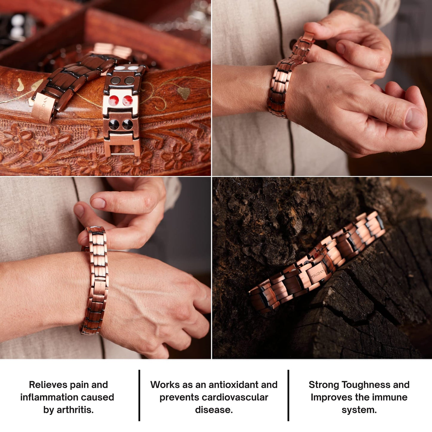 POLLDAN Copper Bracelet 6200 Gauss Power | Mens Bracelet 99.99% Pure Copper | Magnetic Bracelets for Men with Adjustable Fit & Sizing Tool | Stylish Men's Copper Jewelry | Copper Gifts for Him (2X Pure Copper)