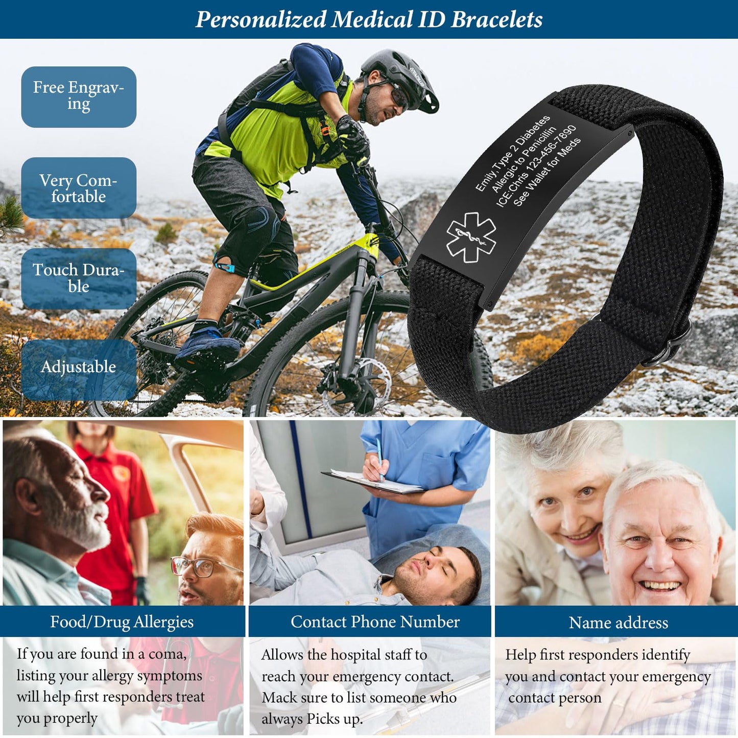 VNOX Medical Alert Id Bracelet for Men, Epilepsy Medical Alert Bracelets for Men Patients Stainless Steel Emergency Bracelets Wristband,Personalized Mens Life Health Alert Bracelet