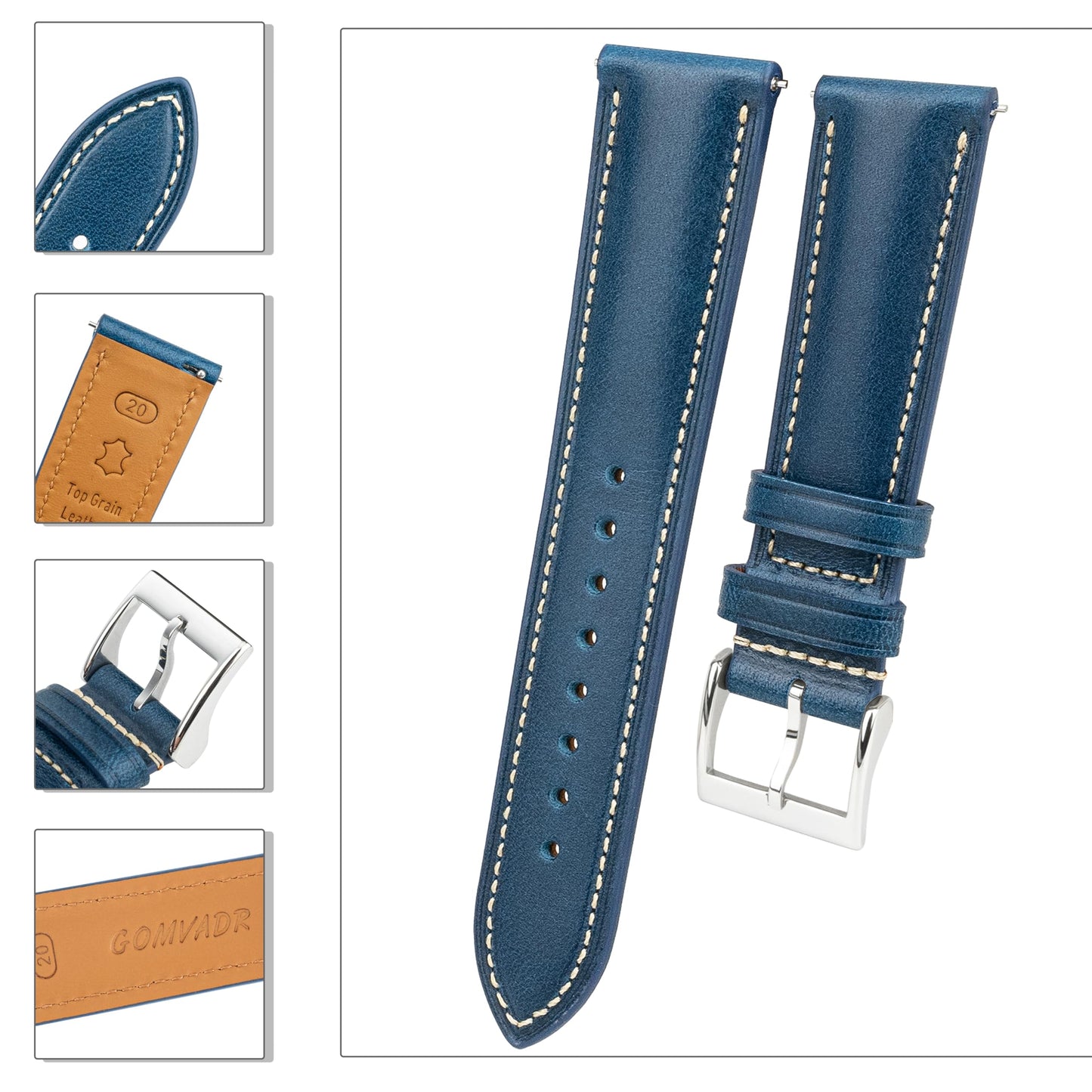 Gomvadr Vintage Genuine Top Grain Leather Watch Strap Quick Release, 18/19/20/21/22/24mm, Silver/Black Buckle, Universal Fit Unisex for Daily Wear (Blue with Silver Buckle, 18mm)