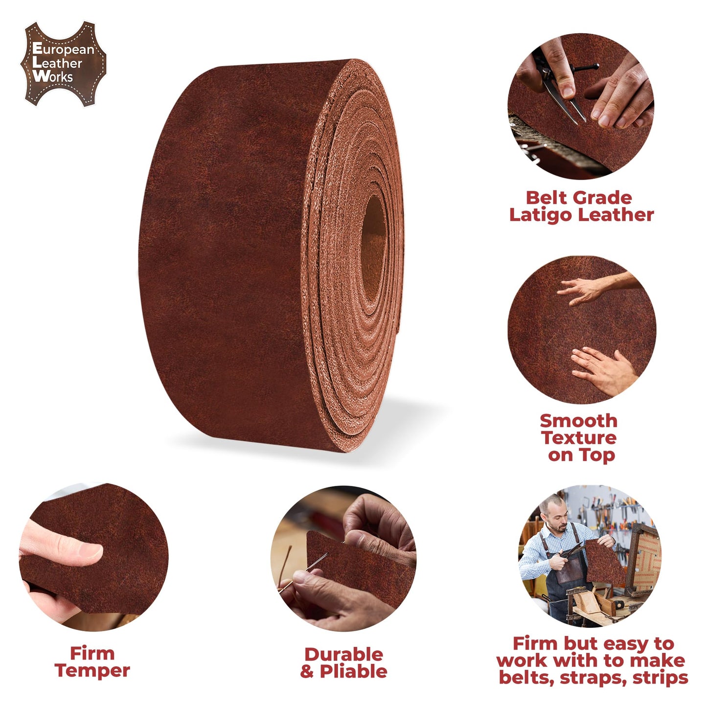 ELW 9-10 oz (3.6-4mm) Latigo Leather Belt Grade Straps & Strips | Size: 1.25"x84" (3.2x213cm) | Russet | Full Grain Cowhide, Heavy Duty Holsters, Sheathes, Harness, Saddle, Guitar Straps, DIY Crafts
