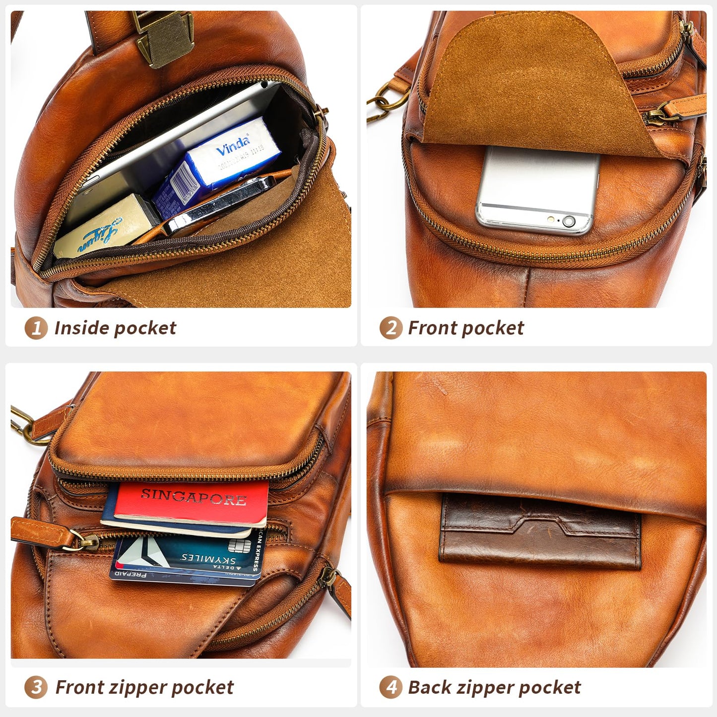 NIUCUNZH Genuine Leather Sling Bag Front Metal-Latch Crossbody Bags Handmade Vintage Chest Shoulder Backpack for Women Men Brown