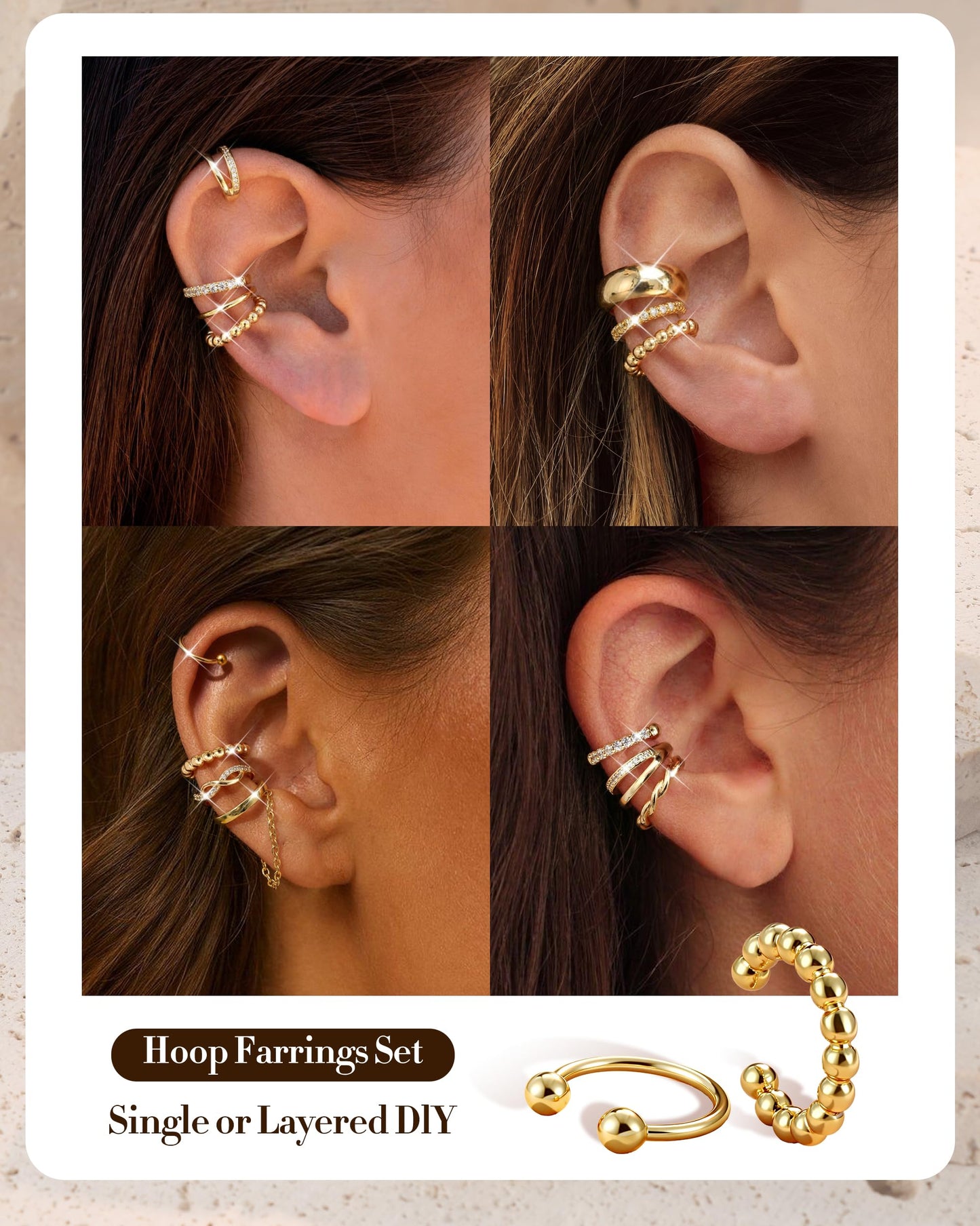 9PCS Ear Cuff Earrings for Women Non Piercing 14K Gold Plated - Hypoallergenic Adjustable Ear Cuffs Trendy Non Tarnish Clip on Cartilage Fake Earring Stacks Wrap Jewelry