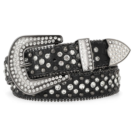 SANSTHS Women Rhinestone Belt for Jeans, Western Cowgirl Bling Studded Belt Faux Crocodile Grain Leather, Black L