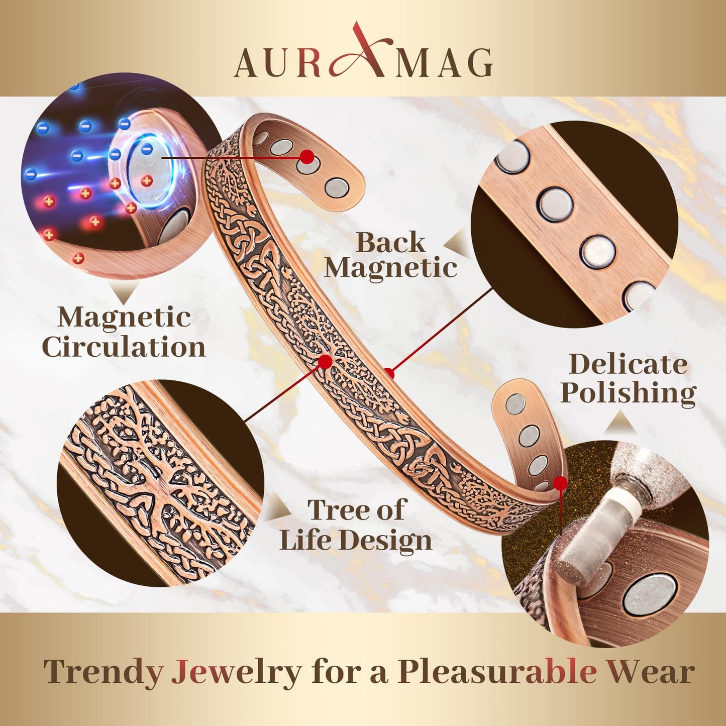 Auramag Magnetic Bangle for Women, 99.99% Pure Copper Cuff Bangle with 3500 Gauss Magnets, Copper Jewelry Gift Adjustable (Set of 2)