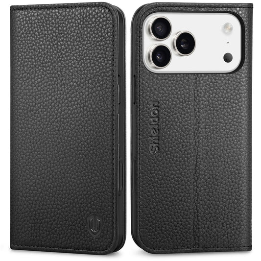 SHIELDON Real Leather Case Wallet for iPhone 17 Pro Max 6.9-inch | Foldable, Kickstand, RFID Blocking Credit Card Slot, Magnetic Closure, TPU Protective Inner Cover 5G 2025 - Pebbled Black