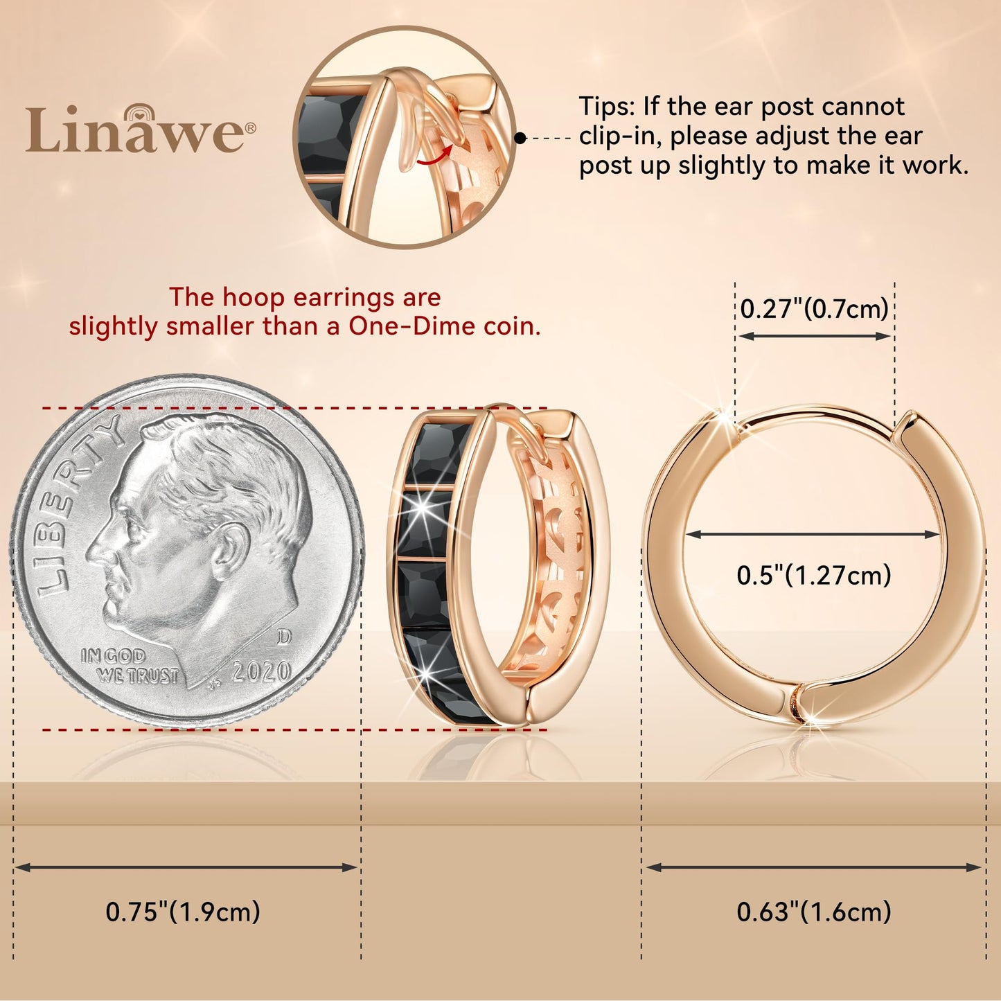 Linawe Black Hoop Earrings for Women Trendy, Small Mini Tiny Hoops Huggie Earrings, Helix Earrings Rose Gold, Moissanite Cubic Zirconia Rhinestone Imitation Diamond Piercing Jewelry