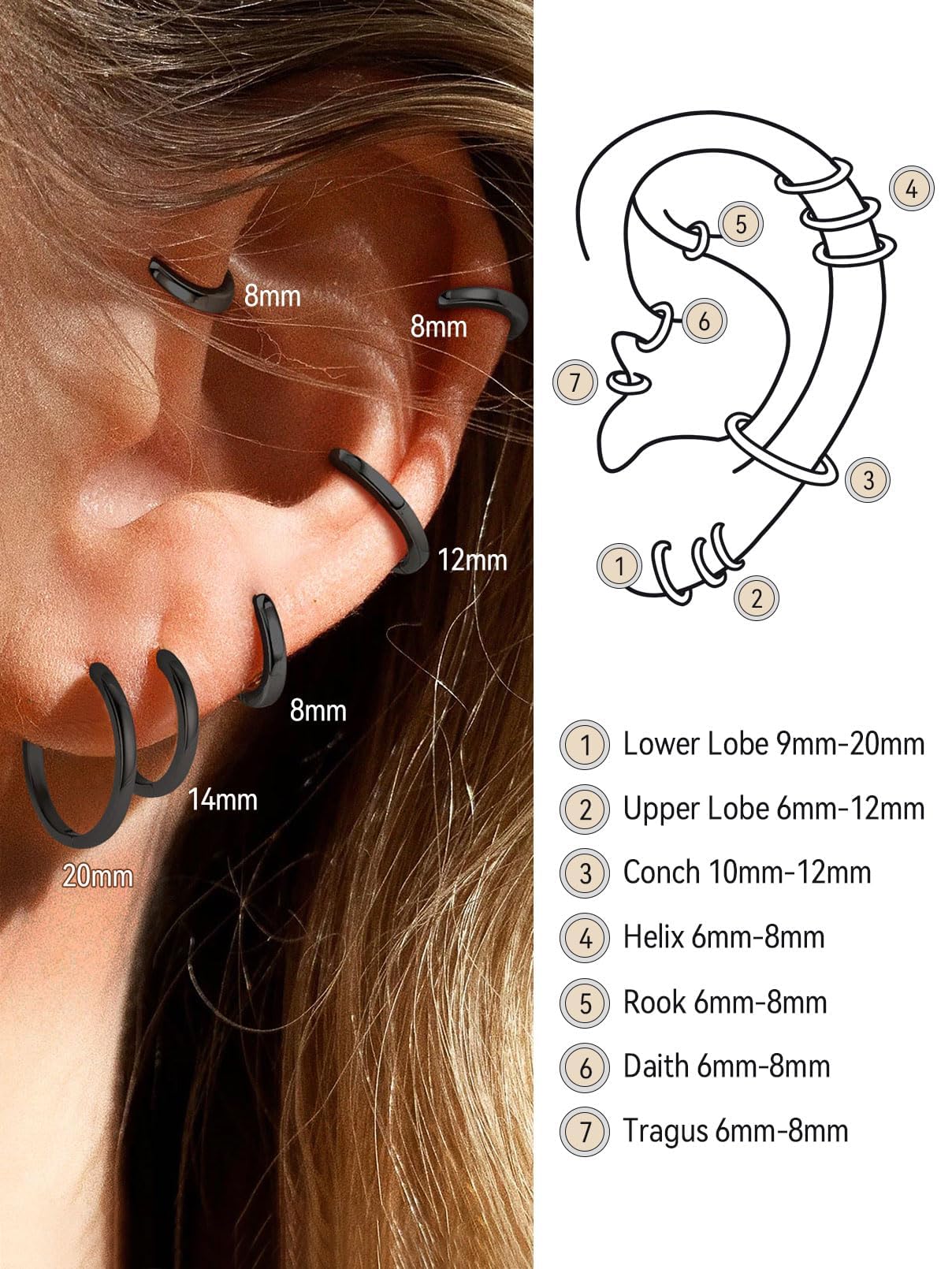 FaithHeart Hoop Earrings for Women, Black Hypoallergenic Huggie Hoop Earrings, Small Cartilage Earrings for Women 8mm, Send Gift Box
