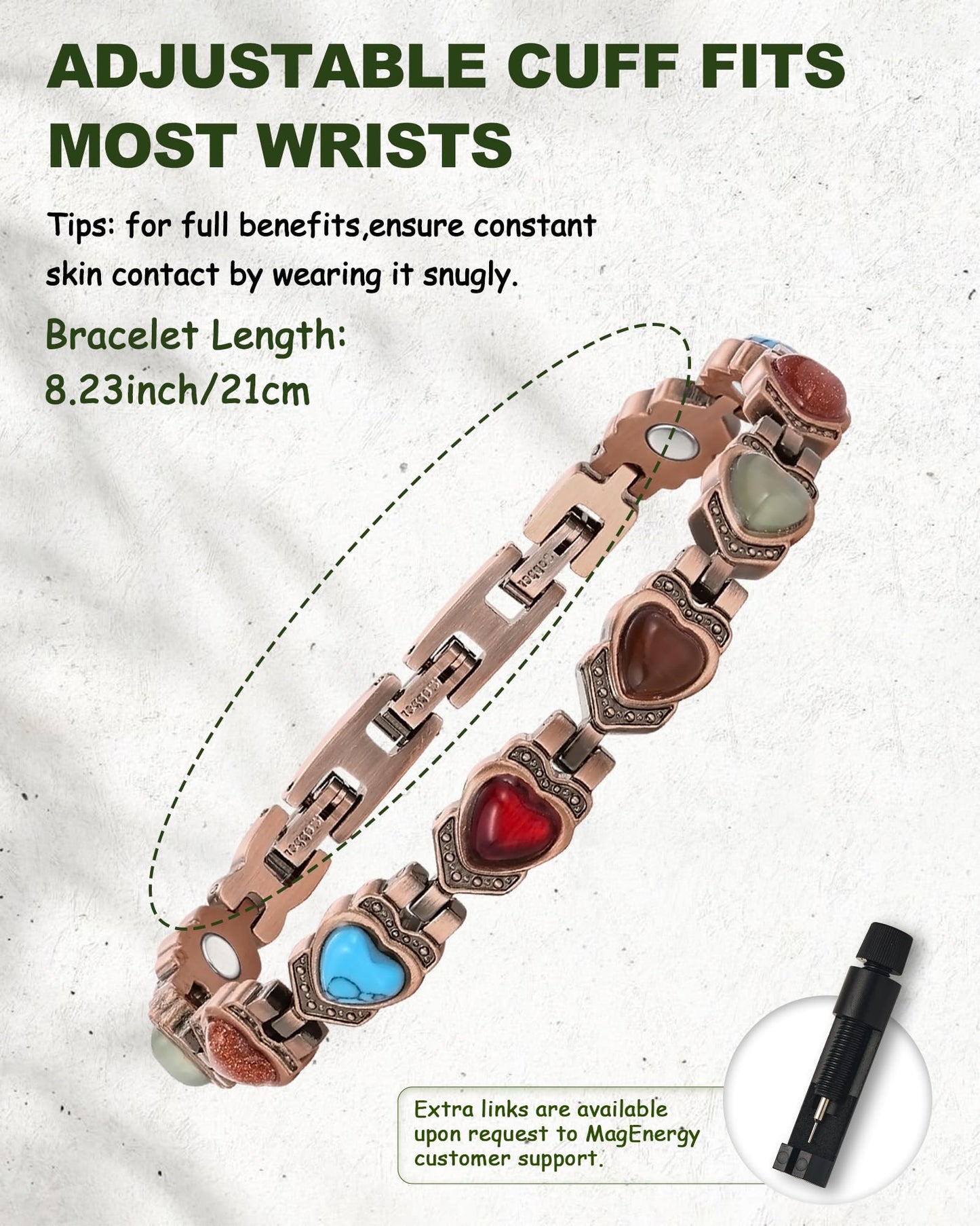 MagEnergy Copper Bracelet for Women, 99.99% Pure Copper Magnetic Bracelets with 3500 Gauss Magnets, Natural Turquoise & Stones, Adjustable, Jewelry Gift