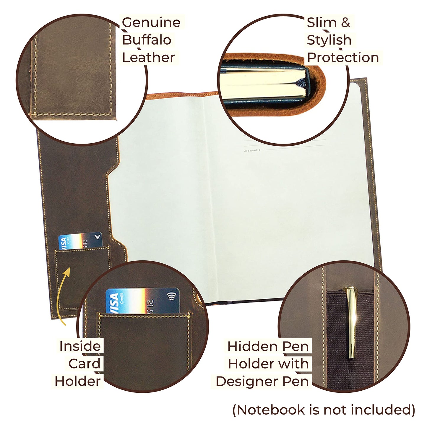 Leather Refillable Journal Cover for Men and Women, Handmade Gift Set for Moleskine Cahier XXL with Stylish Pen and Card Holder, Vintage Classic Notebook, Sketchbook, Planner and Diary (11.6x18.5")