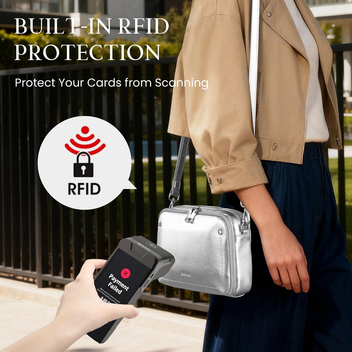 befen Genuine Leather Crossbody Bags for Women, Purses with Built in RFID Wallet Woman Camera Shoulder Bag Handbags (Siver)