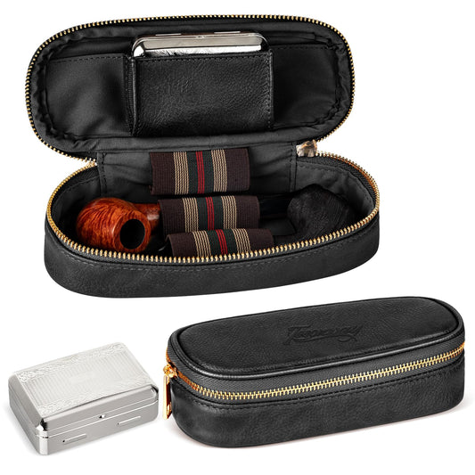 Tesonway Pipe Pouch, PU Leather Pipe Case/Pipe Bag for 2 Pipes and Pipe Cleaners, Screens, Tamper and Other Smoking Pipe Accessories, Pipe and Accessories Not Included (Black)