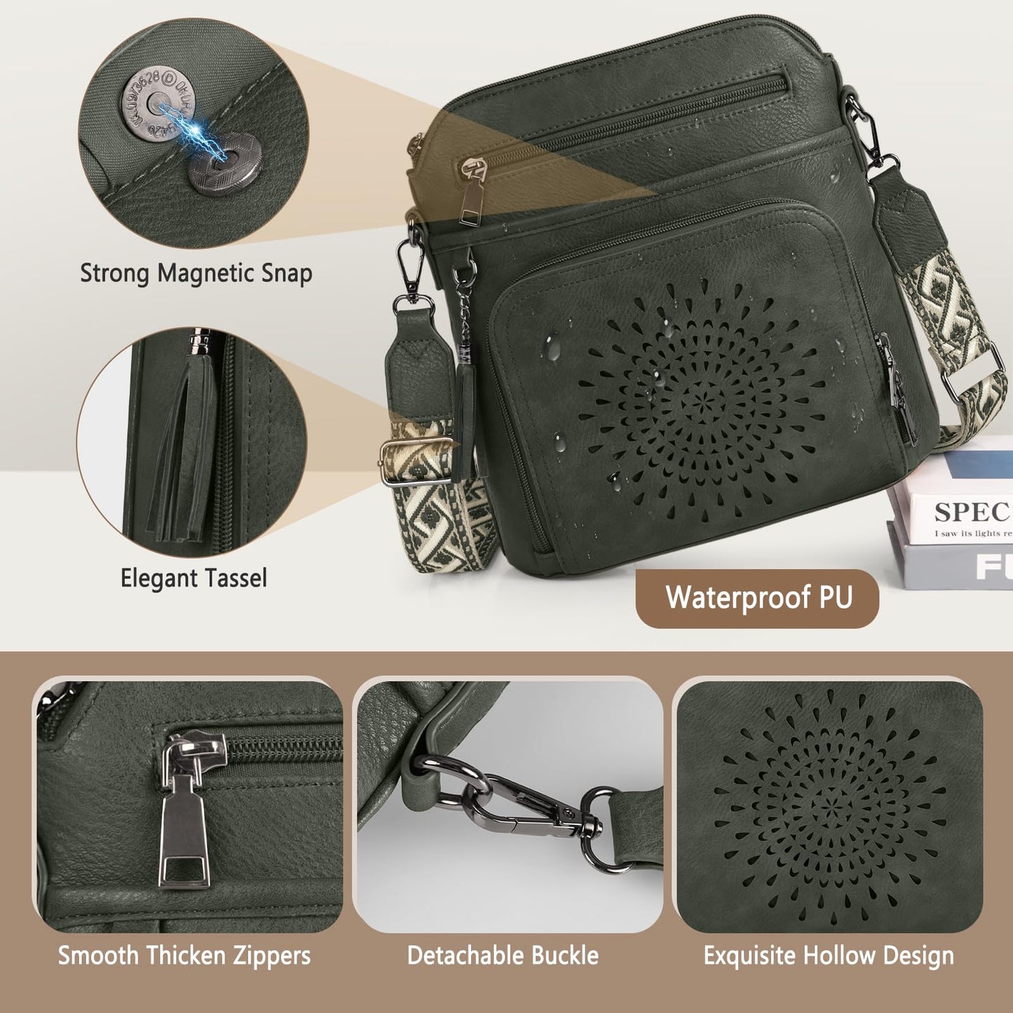 RAINSMORE Crossbody Bags for Women Leather Crossbody Purse Designer Womens Shouler Bags Handbags Trendy Medium Cross Body Purse Travel Work, olive green