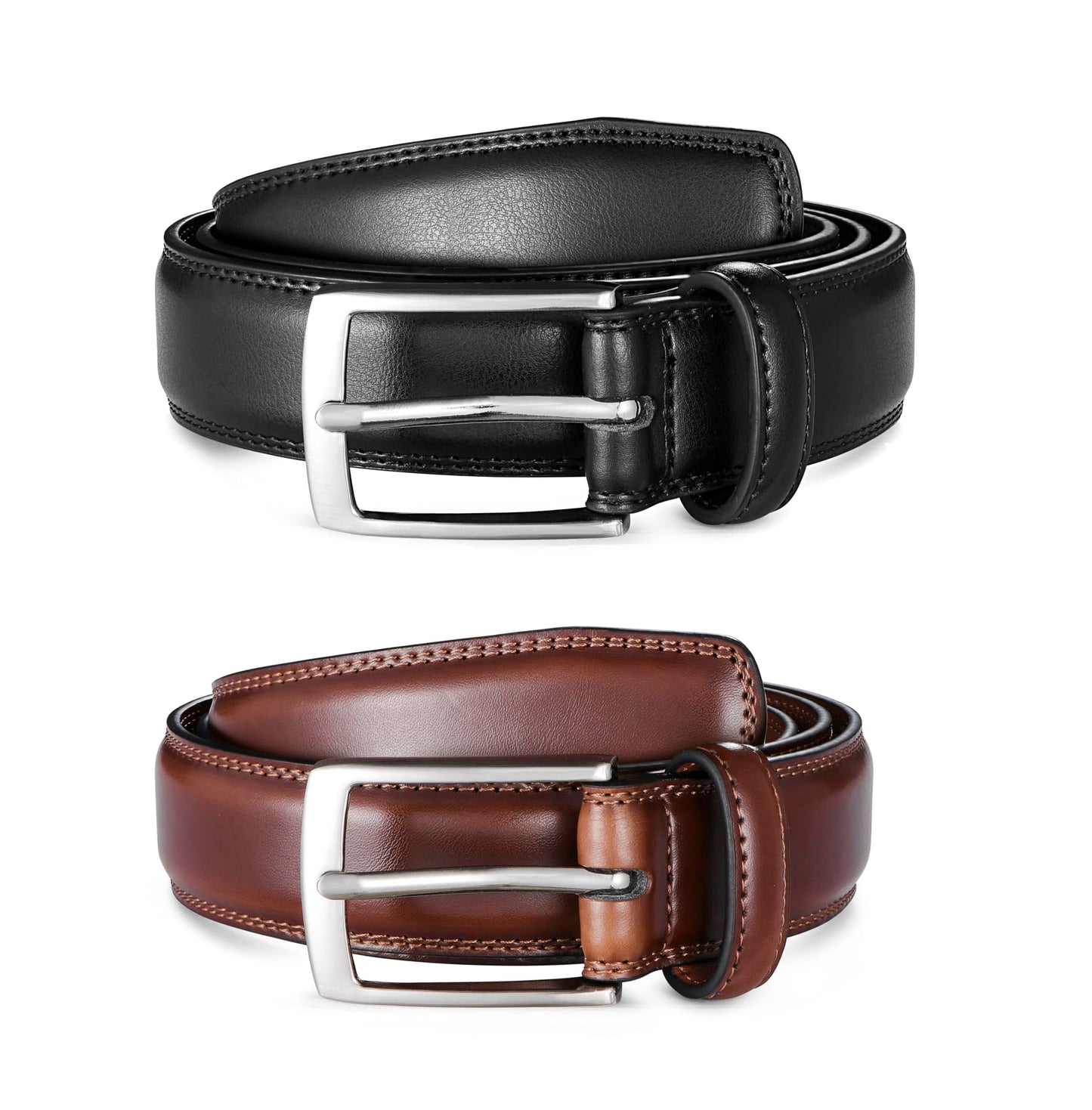 MILORDE Men's Leather Dress Belt 2Pack, Handmade, 100% Cow Leather, Fashion & Classic Designs for Work Business and Casual (2pack-Black101/Brown103,38)