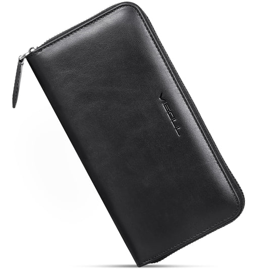 VISOUL Leather Long Zipper Pouch Wallet for Men and Women with RFID Blocking, Large Clutch Cash Long Wallet with Zipper (Black)