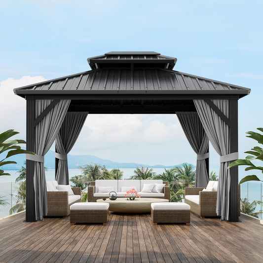 10x12FT Hardtop Gazebo, Heavy-Duty Aluminum Frame Canopy with Galvanized Steel Double Roof, Outdoor Pergola with Mosquito Netting & Waterproof Curtains for Patio, Backyard, Deck & Lawn