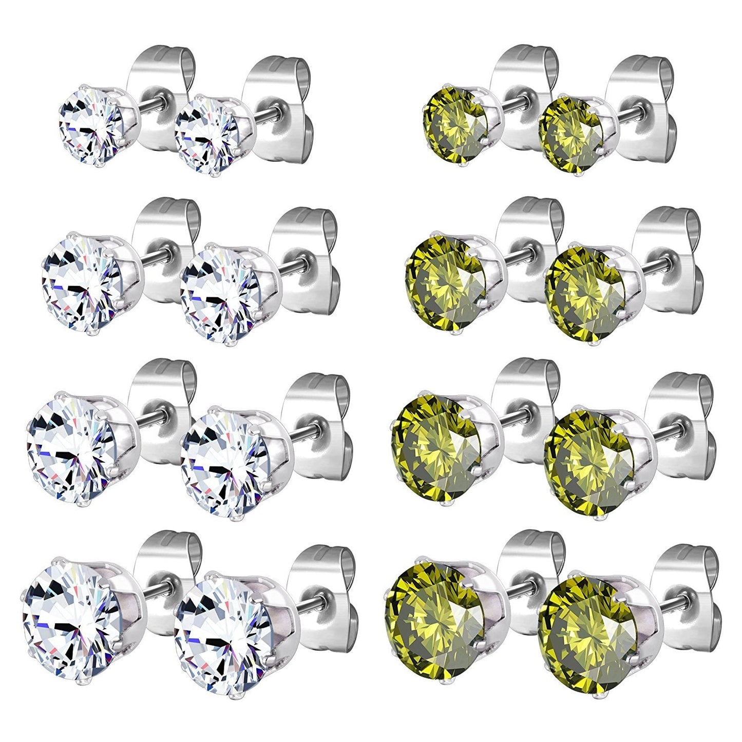 JewelrieShop Earrings for Women Studs Set Stainless Steel CZ Earing Hypoallergenic Multiple Piercing Ear Stud (8 pairs,4-8mm,White,Green CZ)